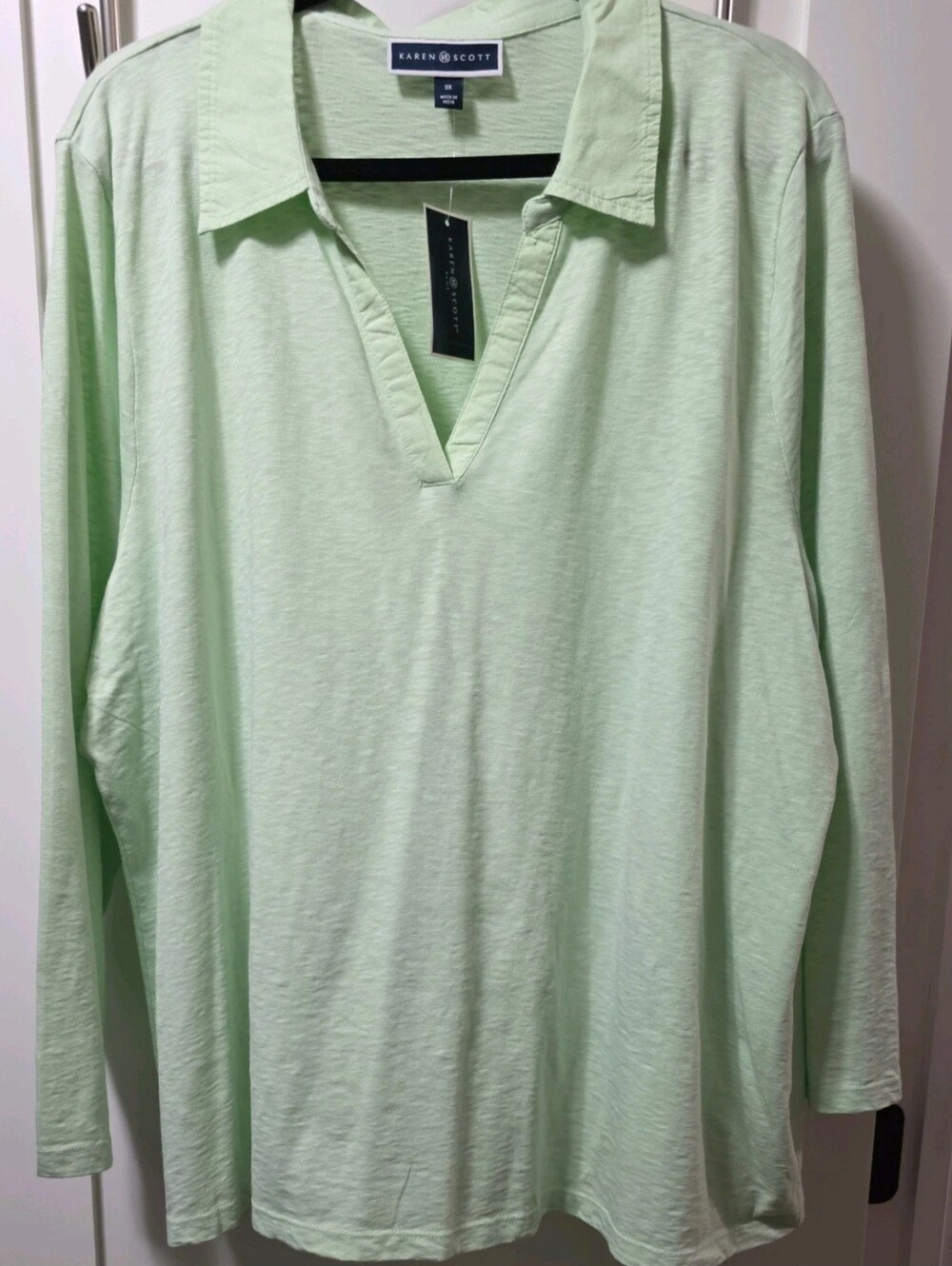 Karen Scott Womans Long-Sleeve Polo V-Neck Shirt Mint Green NWT 3X